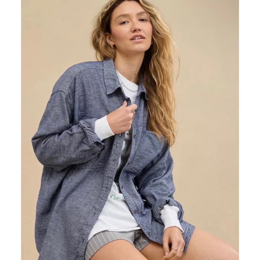 Aerie Anytime Fave Flannel Shirt Grey Oversized Button Down Long Sleeve XXS